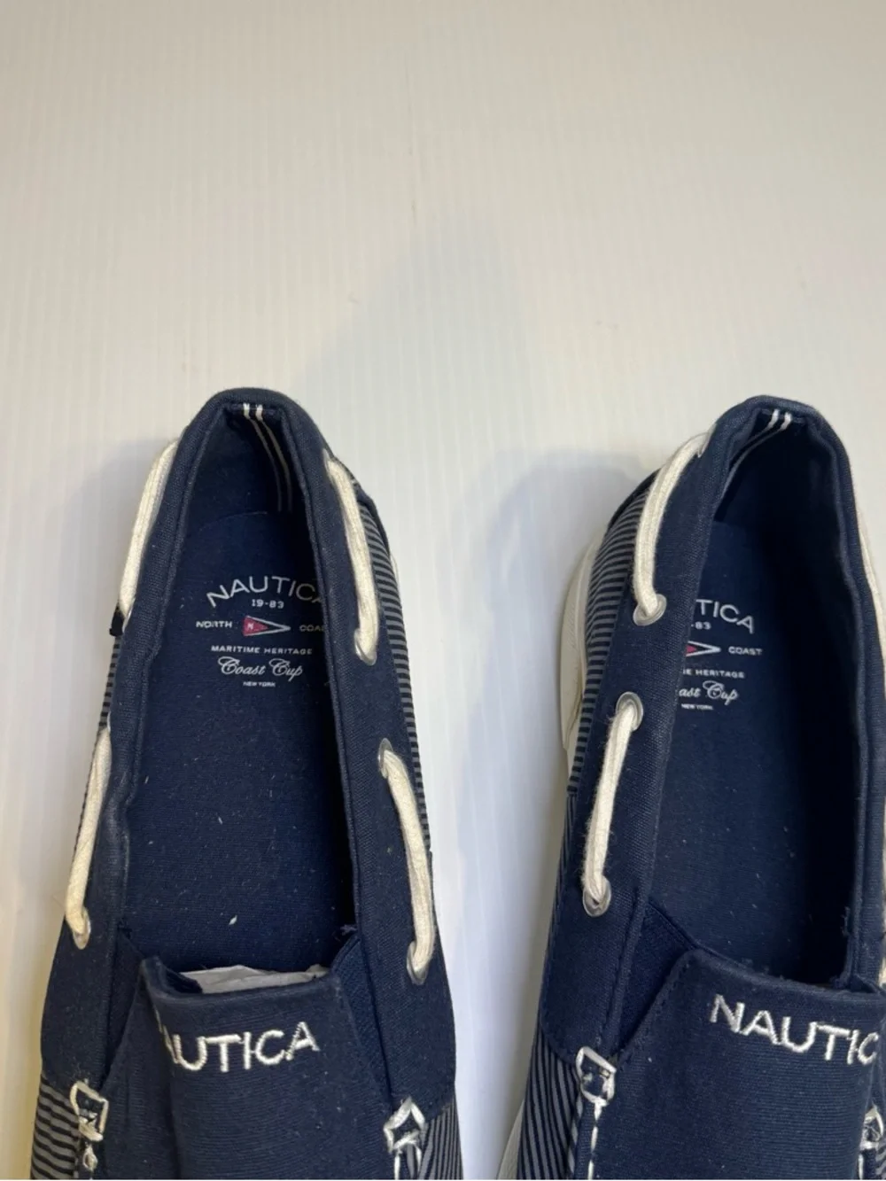 Nautica Nautical Preppy Doubloon Mens 13 Navy Blue Striped Boat Shoes Slip On
